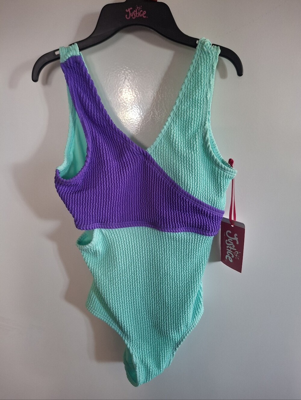 Justice Mint Green and Purple Textured One-Piece Bathing Suit